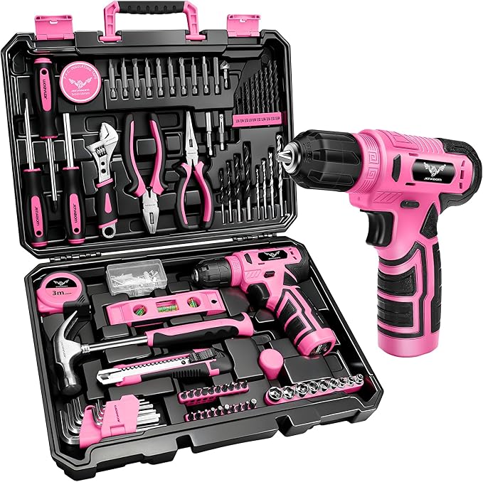 JENABOM 127-Piece Home Tool Set with 8V Pink Cordless Drill | With Portable Toolbox, Hand Tools for Home Repair, DIY Projects & Daily Use, Gift for Women & Men