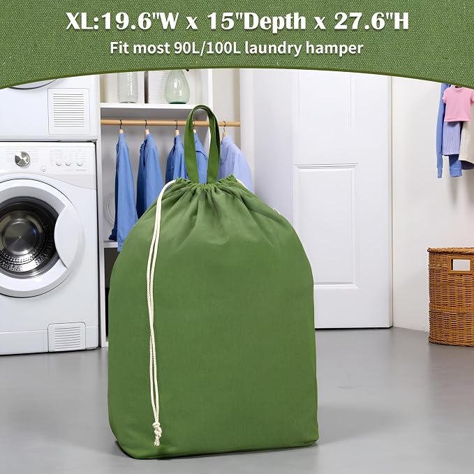 Canvas Laundry Bags with Handles & Rectangular Base, 20"Wx15"Dx27.6"H Green | Extra Large Heavy Duty Laundry Basket Hamper Liner Replacement, Washable Drawstring Dirty Clothes Bag, Canvas Storage Sack