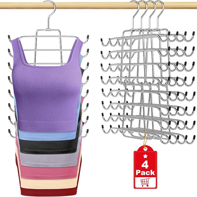 4Pcs Tank Top Hangers Space Saving Hanger Organizer Bra Hangers Silver | 360° Rotating Metal Closet Organizers and Storage Lingerie Hangers for Tank Tops Cami Bras Belts Swimsuits Lingeries