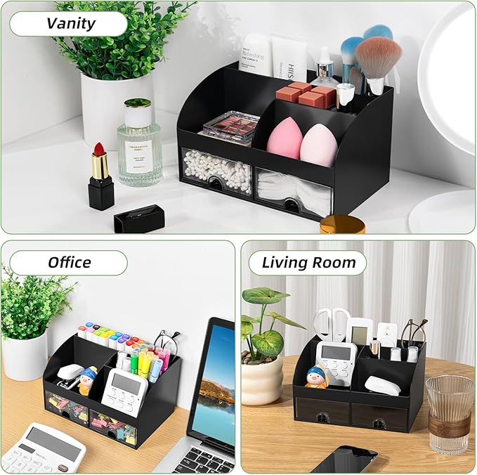 VITVITI Toothbrush Holders for Bathrooms Countertop, 5 Slots Toothpaste Bathroom Counter Sink Organizer with Drawers, Plastic Bathroom Organizer for Vanity/Makeup/Office Black
