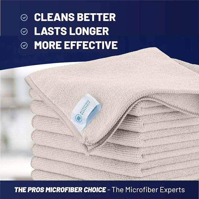 MW Pro Microfiber Cleaning Cloth | Sand | 12 Pack | 16” x 16” | All Purpose Microfiber Towels - Clean, Dust, Polish, Scrub, Absorbent