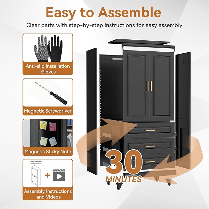 Polup Metal Armoire Wardrobe Closet with Three Drawers, 71“ Tall Large Wardrobe Cabinet with Doors and Hanging Rod, Freestanding Steel Clothes Cabinet for Bedroom, Office, Laundry Room, Black