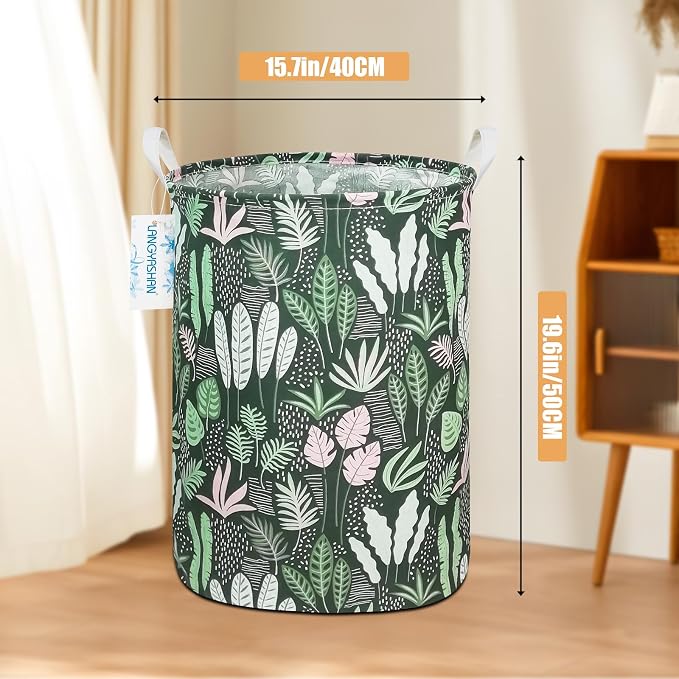 Round Laundry Basket Collapsible Storage Hamper Organizer Full Leaf | Waterproof Canvas Foldable Baskets with sturdy Handles Multi-scene Organizer for Home Play Bedroom Gift Bin