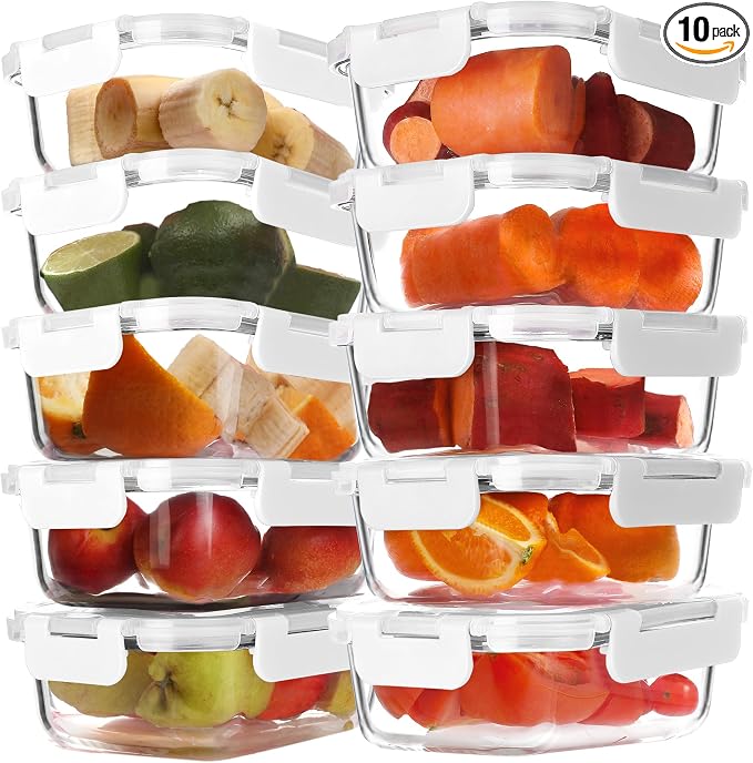 BAYZZ 10 Pack 22 oz Glass Meal Prep Containers, Glass Food Storage Containers with Airtight Lids, BPA-Free, Freezer and Microwave Safe, White