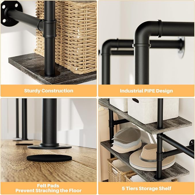 Aheaplus Industrial Pipe Clothing Rack, Reversible 6.42FT Clothes Rack for Hanging Clothes, Heavy Duty 5 Tier Wardrobe Closet Garment Racks with Shelves, Corner Closet Organizer System, Black Oak