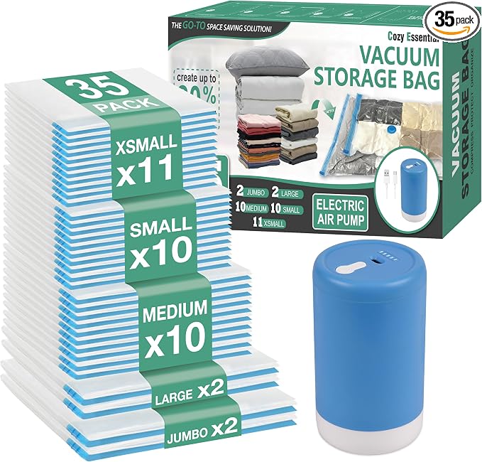 Cozy Essential Travel Vacuum Storage Bags with Rechargeable Cordless USB Pump, Space Saver Bags for Luggage, Suitcase, Carry-On, for Clothes, Blankets, Bedding & Seasonal Storage,35 Combo