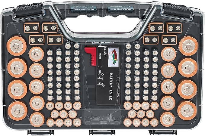 Battery Daddy Storage & Organizer Case w/Tester, Stores & Protects Up to 180 Batteries, Double-Sided, Clear Locking Lid, Secure Latches & Portable Carrying Handle - Charcoal (Batteries Not Included)