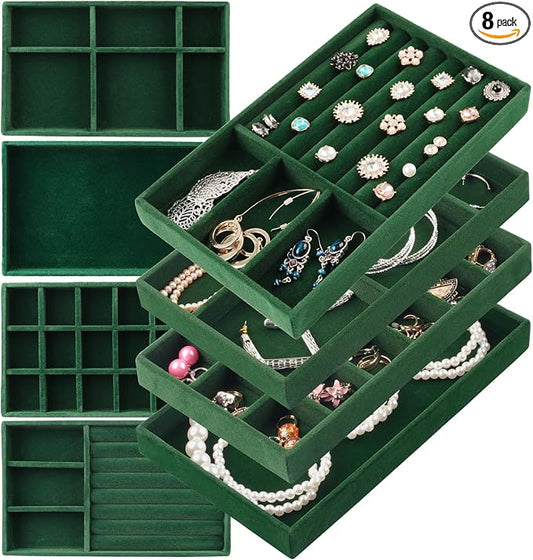 Jewelry Drawer Organizer, 8 Set of Stackable Velvet Organizer Tray, Drawer Inserts for Jewelry Organization, Showcase and Safely Store Your Collection with Elegance and Sophistication (Green)