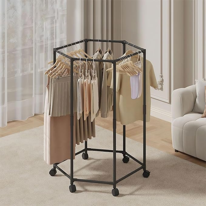 Clothes Rack with Wheels, Hexagonal Rolling Clothing Rack for Hanging Clothes, Clothes Drying Rack, Garment Storage for Bedroom, Laundry, Balcony (47" H)
