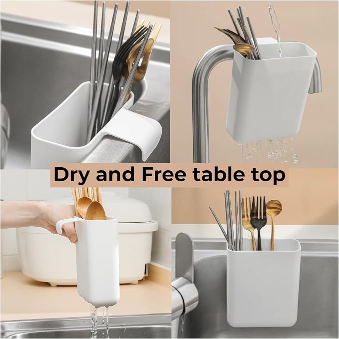 Multifunctional Compact Kitchen Drainer Drain Basket Utensil and Cutlery Drying Rack Holder and Hangable Sink Shelf Home Fruit Basket Plastic Storage Container (Deep) (White)