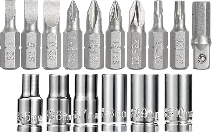 Bates- Low Profile Right Angle Screwdriver with Drill Bits Set, 18 pcs, 1/4" Mini Ratchet Screwdriver with Adapter, Phillips, Slotted, Torx, Pozidriv Bits for Tight Spaces
