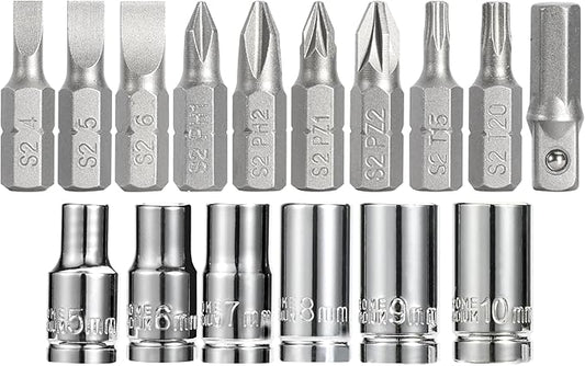 Bates- Low Profile Right Angle Screwdriver with Drill Bits Set, 18 pcs, 1/4" Mini Ratchet Screwdriver with Adapter, Phillips, Slotted, Torx, Pozidriv Bits for Tight Spaces