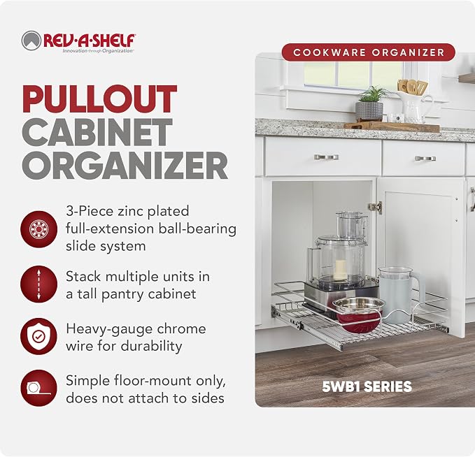 Rev-A-Shelf Steel Wire Pullout Drawer Organizer Shelf for Kitchen Cabinets, Slide Out Storage Basket, Min Opening Width of 20.5", 21" x 20", 5WB1-2120CR-1