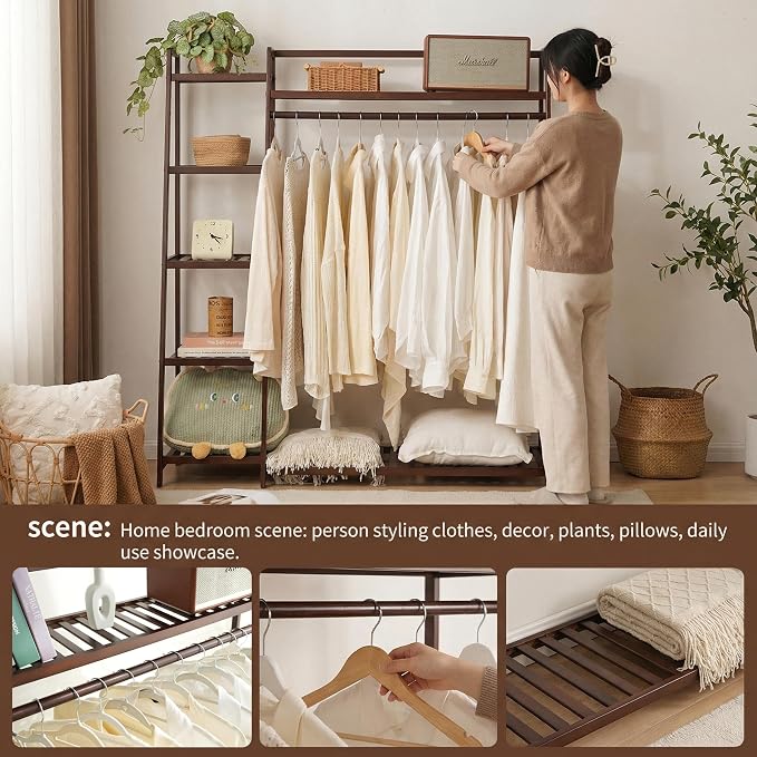 Baveke Bamboo Clothing Garment Rack 7 Tier Storage Shelf Coat Clothes Hanging Rack, Portable Wardrobe Closet Organizer With Top Shelf, Shoe Storage Shelves for Bedroom, Brown, FSC-Certified Bamboo