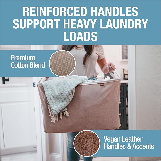 CleverMade LUXE Collapsible Laundry Basket, 60L, 2 Pack, Mocha | Cotton-blend fabric and vegan leather accents elevate visible storage. Each basket supports 55 lb and folds flat.