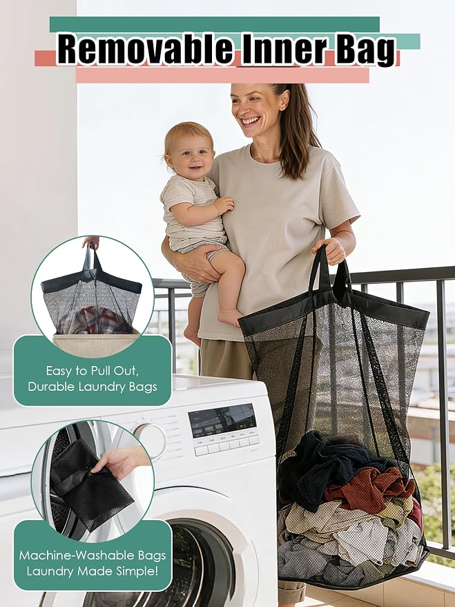 WTREE Laundry Hamper with Lid, Reinforced Sturdy Clothes Hamper with Anti-Puncture Base, Large Collapsible Laundry Basket with Removable Liner Bag, Tall Dirty Clothes Bin for Family, 100L Beige