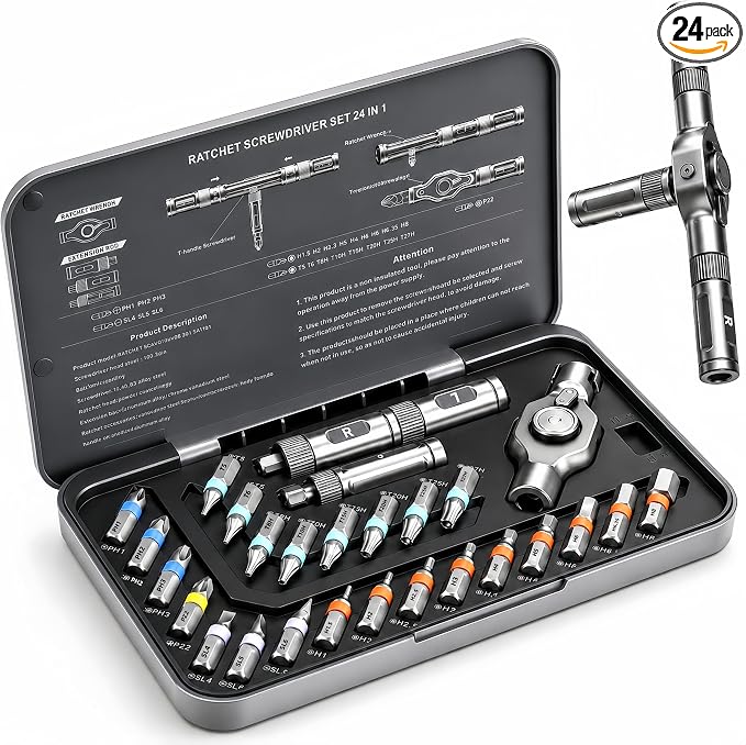 The Original Patented Screwdriver Set 24 in 1 Magnetic Ratchet with Precision Bits–Ideal for Home Repairs, DIY Projects,and Electronics–Ergonomic Rotatable Ratchet Handle and Storage Case–Holiday Gift