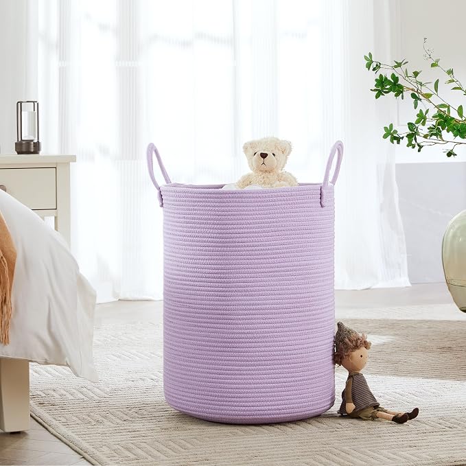 60L Large Purple Hamper Laundry Basket for Nursery Kids Lavender | Tall Woven Blanket Basket for Girls Cotton Rope Lilac Clothes Hamper in Bedroom 15Dx20H inches