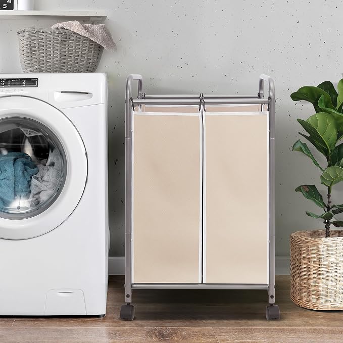 STORAGE MANIAC Laundry Sorter 2 Section, 90 L Gal Laundry Hamper with Wheels, Clothes Basket Separator Sorter, 2 Bag Cart and Removable Bags for Closet, Dorm, Collage, Beige