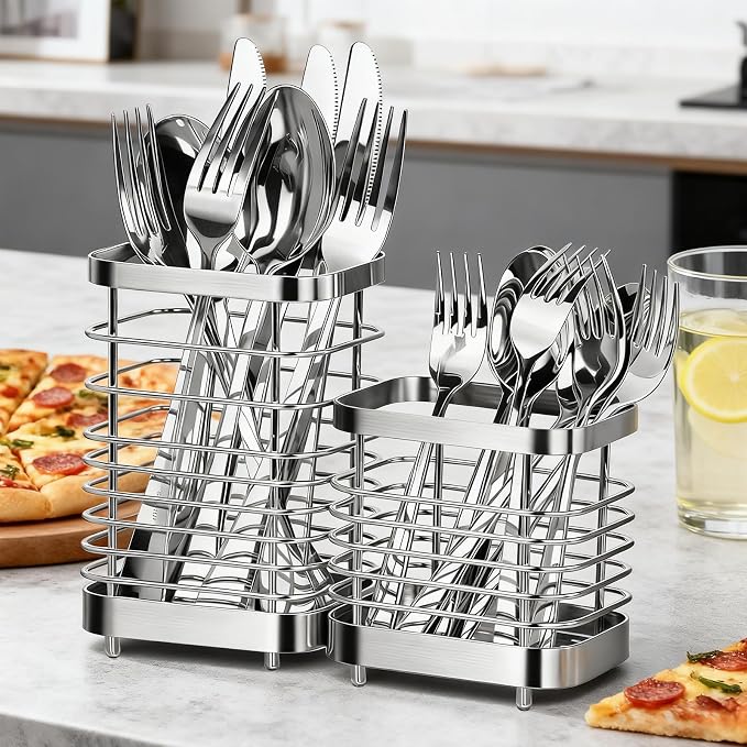 Utensil Holder, Stainless Steel Utensil Drying Rack for Kitchen Counter, Silverware Cutlery Flatware Holder Forks, Knives, Spoons, Chopsticks Organizer (Silver)