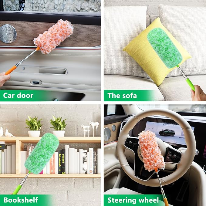 2 Pack Extendable Microfiber Feather Duster, Electrostatic Microfiber Head, Up to 30 Inch Extension Pole, Car Duster, Telescoping Feather Dusters for Cleaning