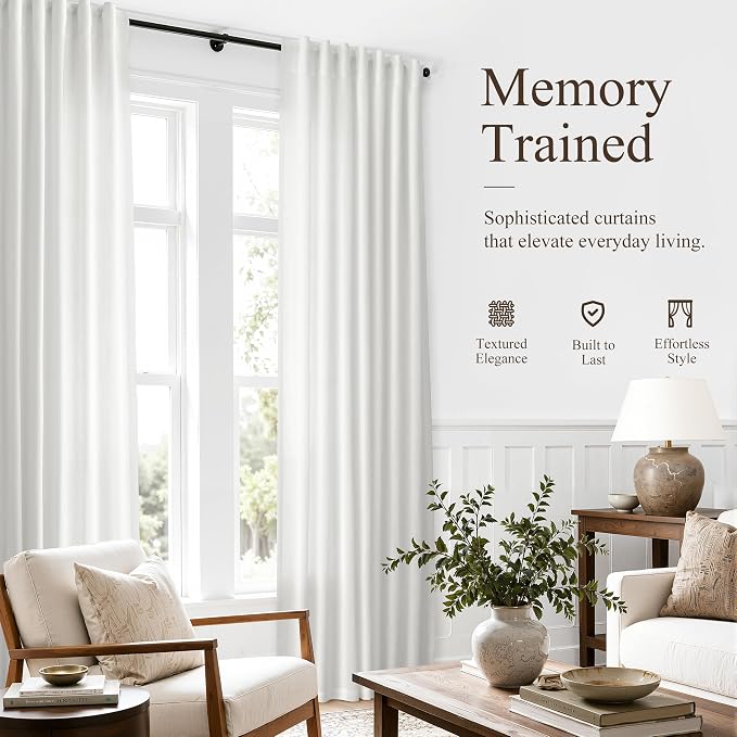 Hokibero Off White Linen Curtains 84 Inches Long for Living Room 2 Panels | Light Filtering Sheer Curtain, Back Tab Rod Pocket Pleated Look, Textured Privacy Drapes for Bedroom Window, Boho Farmhouse