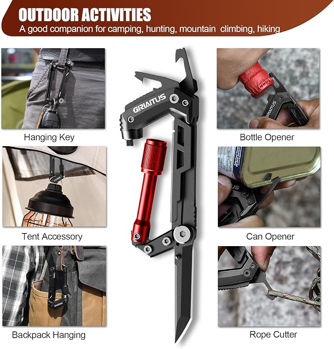 Carabiner Multitool with Pocket Knives, EDC Carabiners, for Camping Hiking | Serrated Knife, Rope Cutter, Screwdriver, Can Bottle Opener, Ruler, Keychain Knife , Gifts for Women (Red)