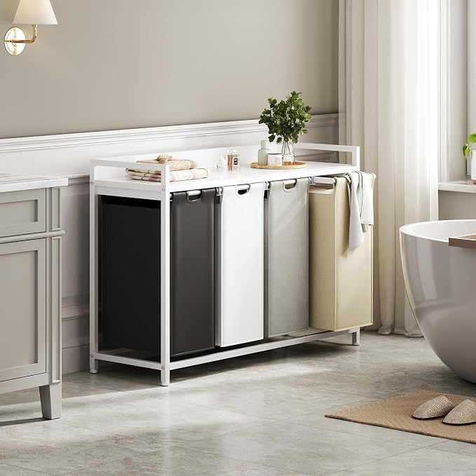 Herture Laundry Hamper with Shelf, Laundry Basket 4 Section, Laundry Sorter with Pull-Out Removable Large 4 Color Bags and Movable Wheels, Metal Frame, 4 x 15.87 Gallons (60L), White PF07XLE