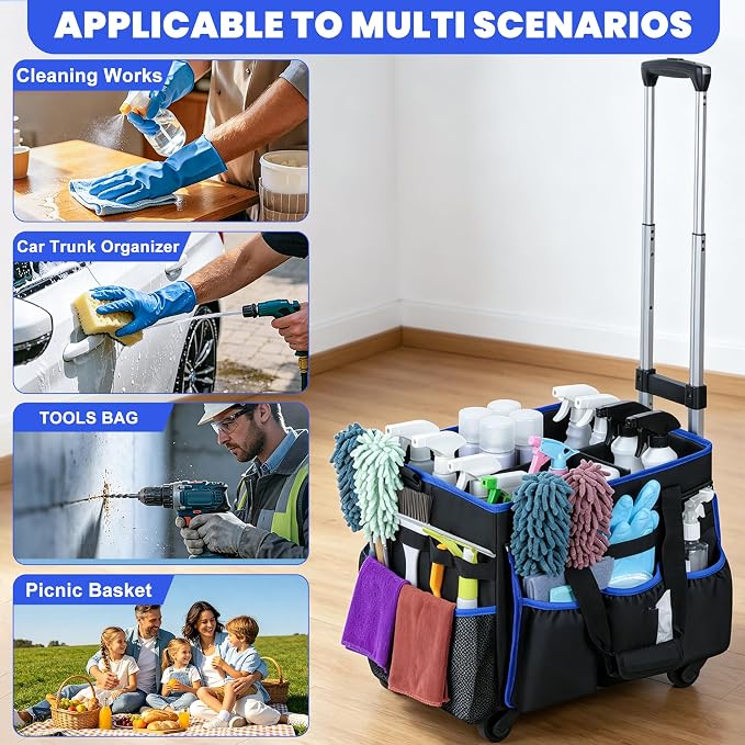 Large Rolling Cleaning Caddy Bag with Detachable Trolley and Shoulder Strap | Large Capacity with Multiple Pockets, Detachable Waist Pouch, Water Resistant Cleaning Supply Organizer Cart for Housekeeper