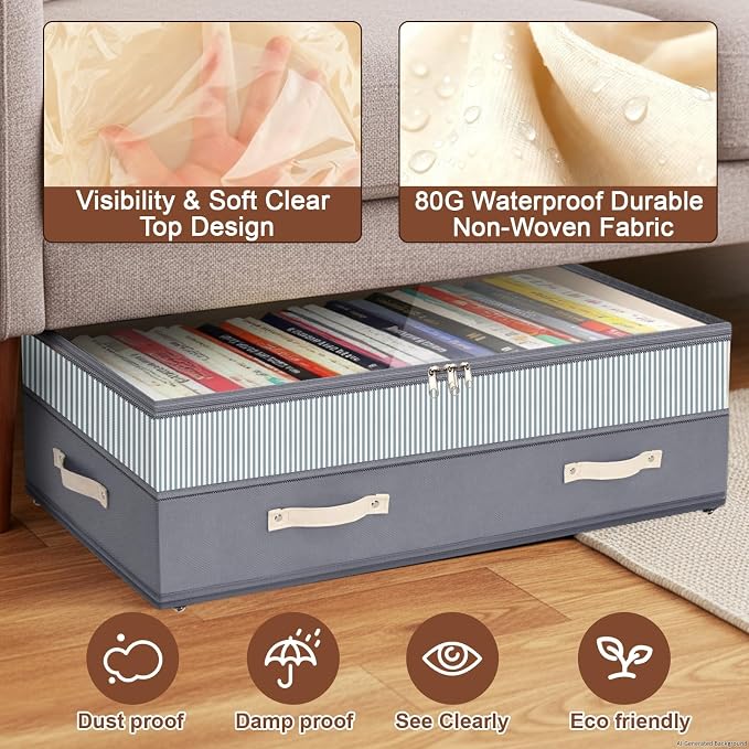 Dolicer 4 Pack Under Bed Storage with Wheels, 6in-10in Height Adjustable Underbed Storage Containers, 92L XXXL Under Bed Drawers Rolling Bin with Clear Lids for Shoes Clothes Organizers(Gray Stripes)