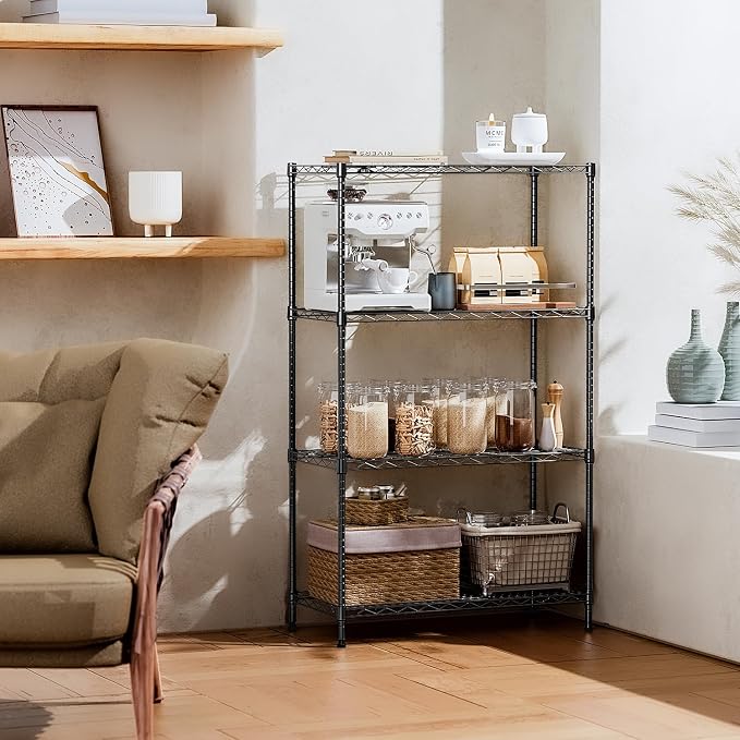 IZEUK 4-Tier Heavy Duty Steel Storage Shelves, Metal Shelf Wire Shelving Rack for Pantry, Kitchen, Garage, or Office Organization (29.5" W x 13.7" D x 47.2" H, 1000LBS, Black)