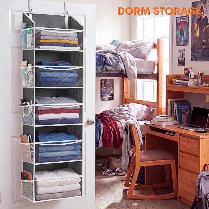 Ofiray-home 5Tiers Over Door Organizer, Weekly Clothes Organizer for Kids | 5 clear PVC front pockets, 10 mesh side pockets, weekly outfit planner, for kids, dorm, entryway, RV, 50 lbs capacity