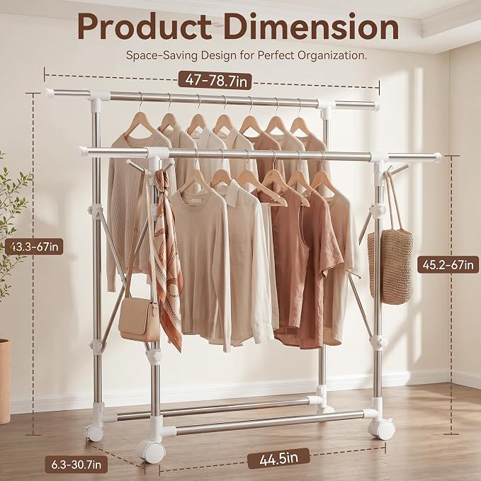 Clothes Drying Rack Foldable,Portable Laundry Collapsible | Folding Stainless Steel Standing Dry Rack for Outdoor Indoor Adjustable Double Rod with Wheels,Space Saving Rolling Dry Rack