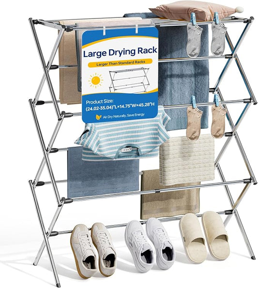Stainless Steel Clothes Drying Rack, 45.28" H × 14.57" D | Foldable & Extendable, Adjustable Size (24.76"-35.51"L), Space-Saving, Rust-Resistant Frame, Indoor/Outdoor Use, Silver