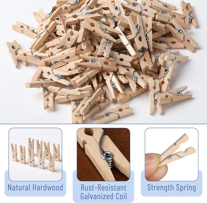 Mr. Pen- Mini Wooden Clothes Pins for Photo, 1 Inch, 150 Pack | Small Clothespins with 10 Meter Jute Twine for Labeling Plants, Gift Tags, Tiny Crafts, Photo Display, Decoration