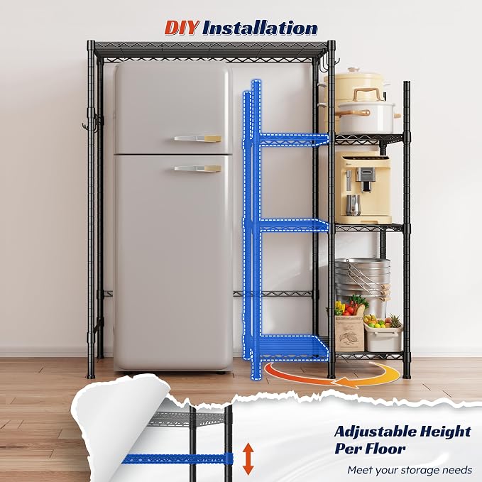 REIBII Mini Fridge Stand with Storage, 4-Tier Adjustable Shelves, 380 lbs | With 8 Hooks, Fits Mini Fridge & Kitchen Appliances, Heavy Duty Steel Frame, Easy Tool-Free Assembly, Dorm & Pantry