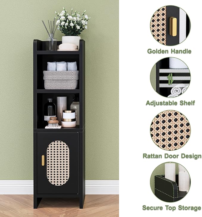 Small Bathroom Storage Cabinet, Narrow and Slim Storage Cabinet with Rattan Door and Adjustable Shelves, Corner Floor Bathroom Organizers and Storage for Small Space, Black HSC001B