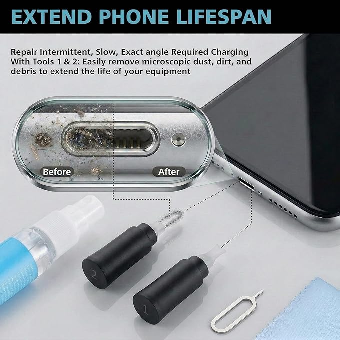 ECASP Cleaner Kit for AirPod,Multi-Tool iPhone Cleaning Kit,Cell Phone Cleaning Repair & Recovery for iPhone & iPad(Type C)Charging Port,Lightning Cables&Connectors,Easy to Store & Carry Design,Black