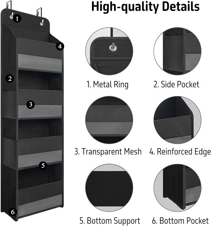 TYMENSH Black Over Door Organizer with 4 Large Clear Pockets, Compact Black Hanging Door Storage for Closet, Bathroom, Bedroom, Dorm, Nursery, Toys, Cosmetics, Baby Essentials