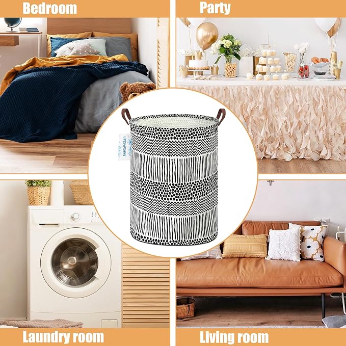Round Laundry Basket Collapsible Storage Hamper Organizer Black Line | Waterproof Canvas Foldable Baskets with sturdy Handles Multi-scene Organizer for Home Play Bedroom Gift Bin