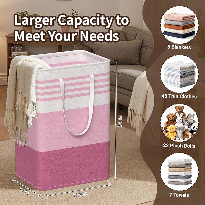 WOWBOX 2 Pack Laundry Baskets, Laundry Hampers, Freestanding Dirty Clothes Hampers with Reinforced Handles & Cross Stitch & Waterproof Coating, for Laundry Bedroom Bathroom Dorm,75L Pink