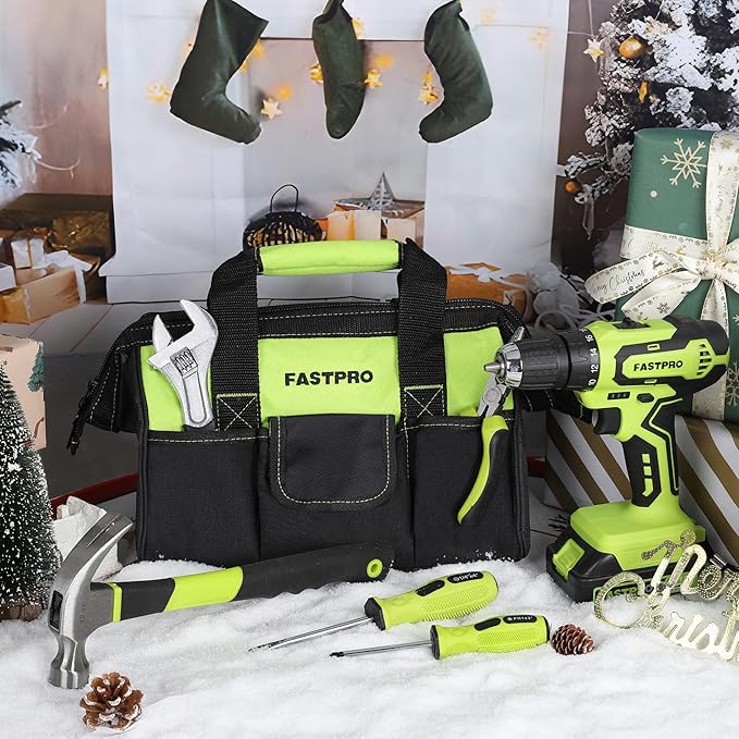 FASTPRO 232-Piece Home Tool Set with Drill, 20V Cordless Drill Driver, Household Repairing Tool Kit with Drill, 12-Inch Wide Mouth Storage Tool Bag Included, Green