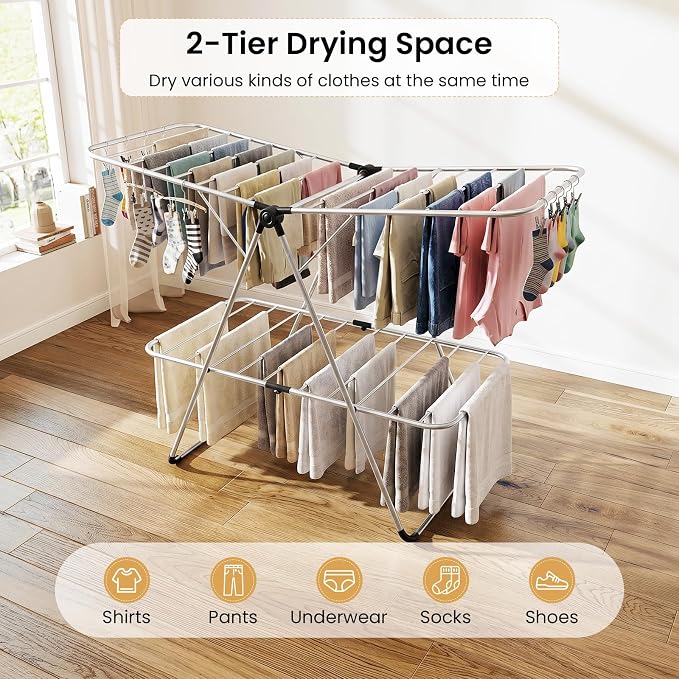 Tangkula Clothes Drying Rack Foldable, 2-Level Heavy-Duty Aluminum Laundry Drying Rack Collapsible with Height-Adjustable Wings, Space-Saving Freestanding Airer Clothing Dryer Stand for Indoor Outdoor