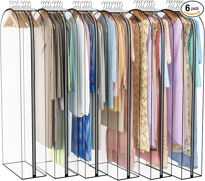 Liuoud Clear Garment Bag for Hanging Clothes 10” Gusseted, 60” Suit Bags for Open Closet Storage Plastic Clothes Cover for Coat, Dress, Shirts, Fur, Jacket, Wardrobe Protectors, 6 Pack