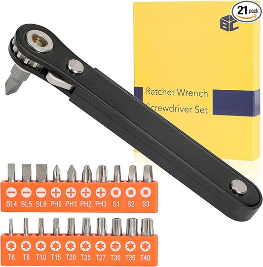 Bates- Low Profile Right Angle Screwdriver with Drill Bits Set, 21 pcs, 1/4" Mini Ratchet Screwdriver with Tamper Proof Torx, Hex Bits, Square Bits for Tight Spaces