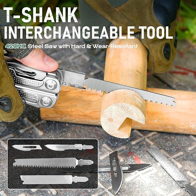 BIBURY Multitool Pliers Pro BI2049, EDC Multi Tool with 90HRA Replaceable YG12 Tungsten Wire Cutters, 440A Knife, T-Shank Wood Saw & Scissors, EDC Gear for Camping Hiking, Fathers Day Gift for Men