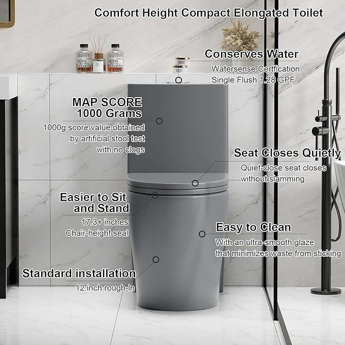 Dual Flush One Piece Toilets for Bathrooms, Compact Black Toilet Elongated with Soft Closing Seat, Modern 12 Inch Rough in Toilet, 1.6 GPF & Map 1000g, Comfort Height, Silent Design (Light Gray)