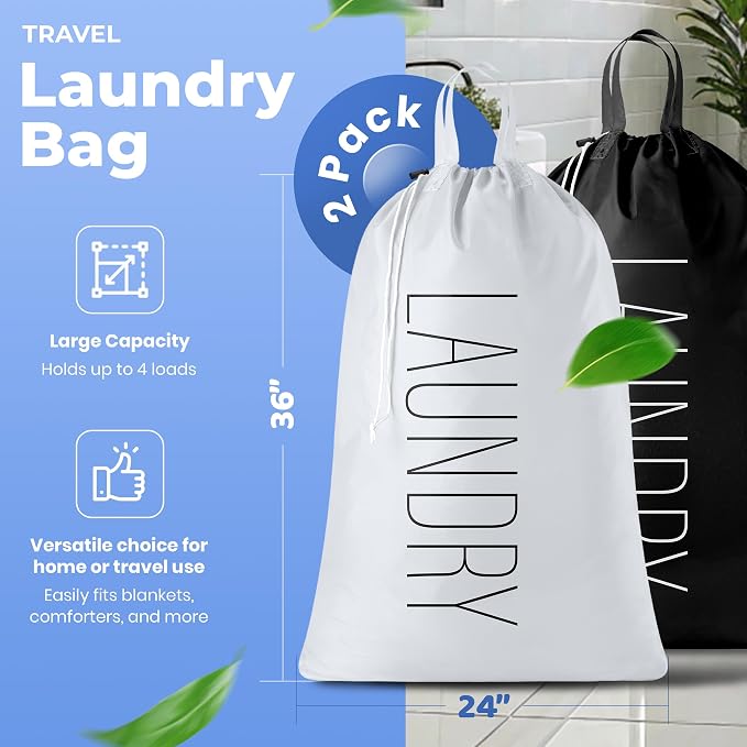 Extra Large Travel Laundry Bag - 2-Pack Fun Print Design Bags for Dirty Clothes - Durable Water-Resistant Fabric - Sturdy Drawstring Closure (Black-White | Laundry)