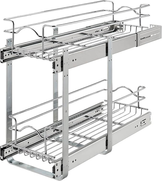 Rev-A-Shelf 2-Tier Pullout Shelf and Drawer Organizer for Kitchen Cabinets, Slide Out Storage Basket, Min Opening Width of 8.5", 9" x 22", 5WB2-0922CR-1