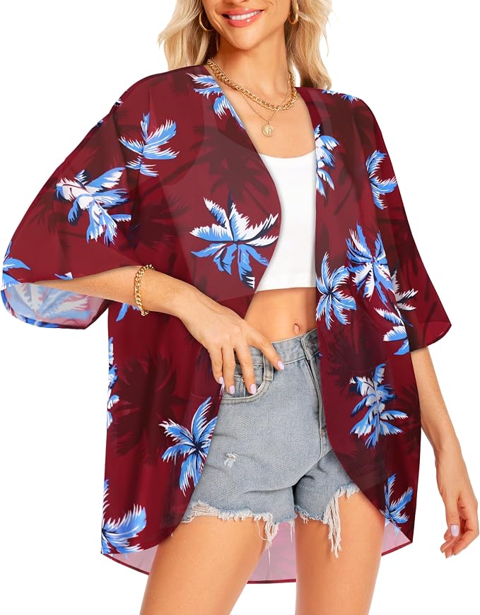 Women Kimono Cardigans Summer Cover Up Hawaiian Shirts Floral Print Tops | ROSEMIA chiffon kimono open front cardigans, beach cover ups, daily casual tops, cruise outfits, summer resort wear